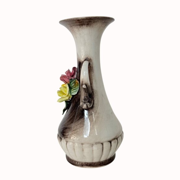 Capodimonte Bud Vase VTG Italian Dual Handles Flared Rim Applied Roses Floral - Picture 4 of 16
